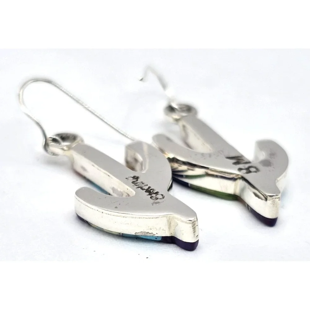 Multi-Gemstone Cacti Earrings Sterling Silver Inlays 0.94" Handmade Signed NEW - Picture 11 of 13